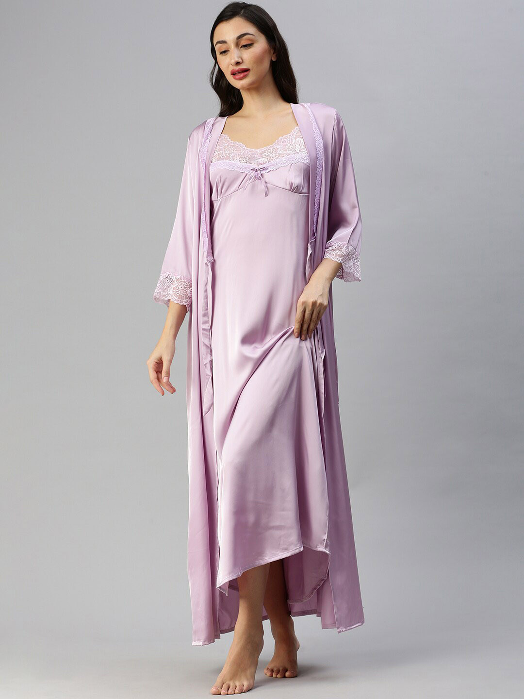 

9shines Label Shoulder Strap Satin Nightdress With Robe, Lavender