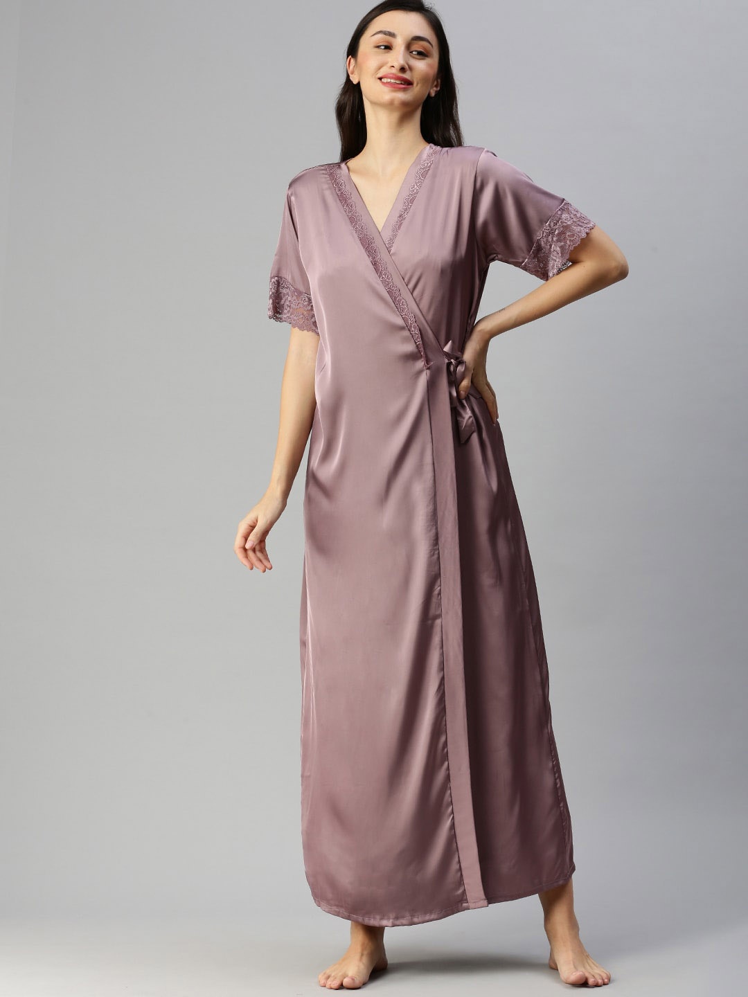 

9shines Label Shoulder Strap Satin Nightdress With Robe, Purple