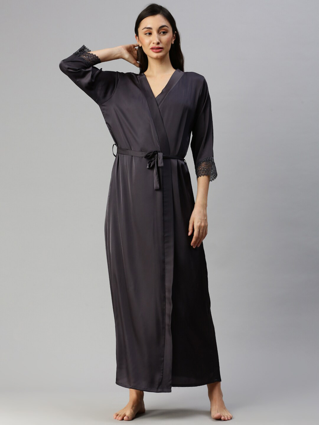 

9shines Label Shoulder Strap Satin Nightdress With Robe, Grey
