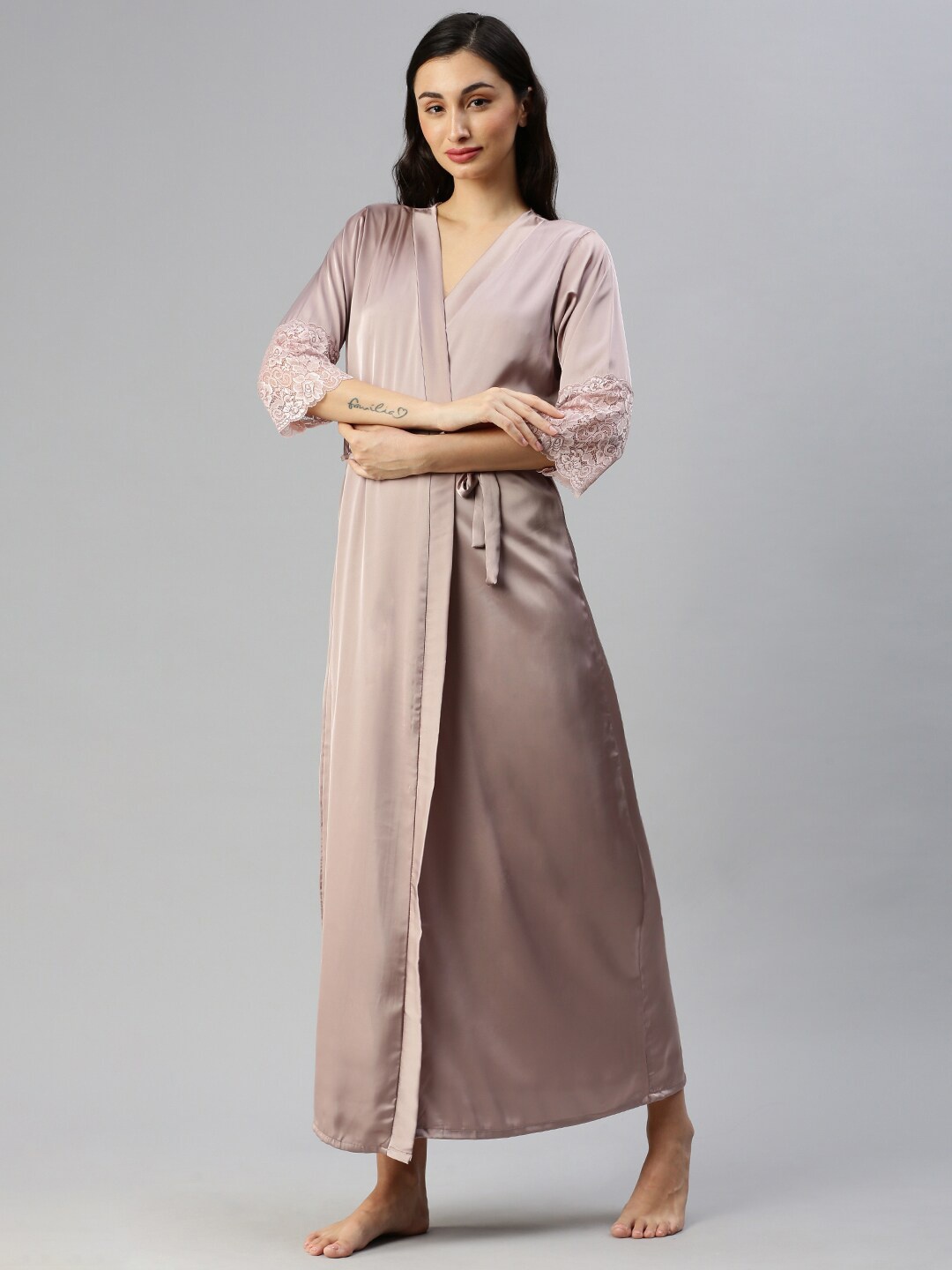 

9shines Label Shoulder Strap Satin Nightdress With Robe, Pink