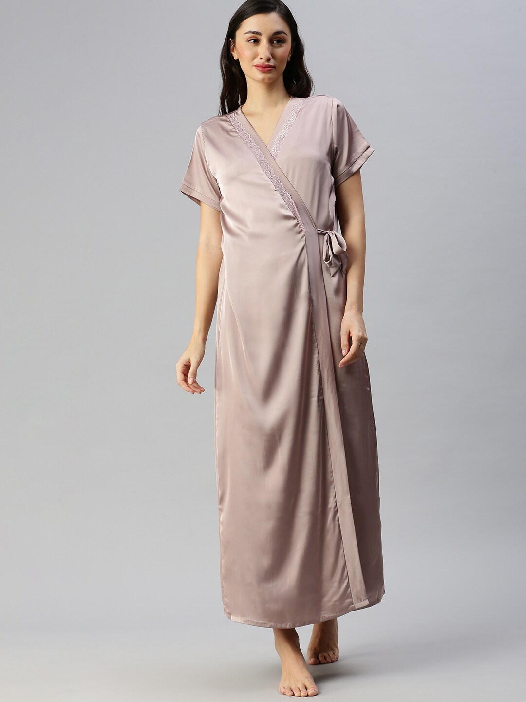 

9shines Label Shoulder Strap Satin Nightdress With Robe, Beige
