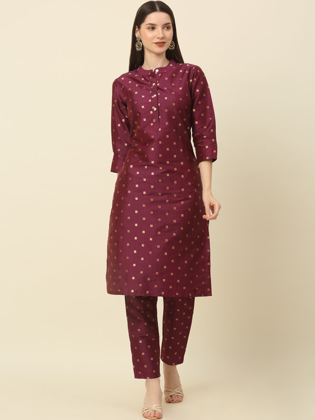 

Anouk Burgunty Woven Design Zari Dupion Silk Kurta with Trousers, Burgundy