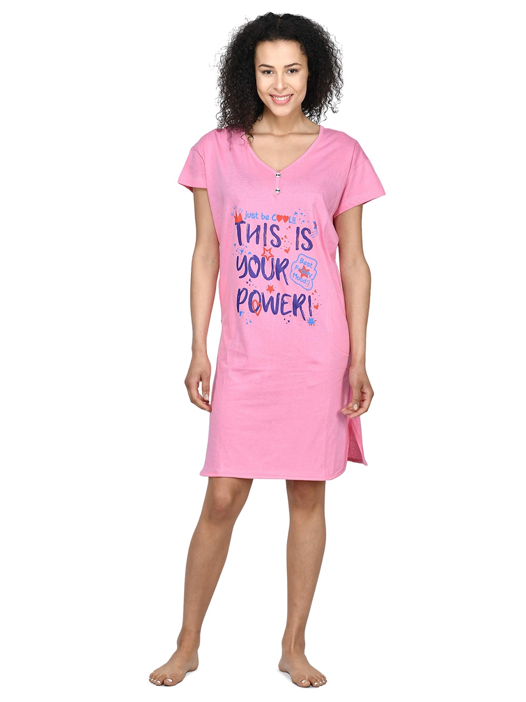 

Noty Typography Printed V-Neck Cotton T-Shirt Nightdress, Pink