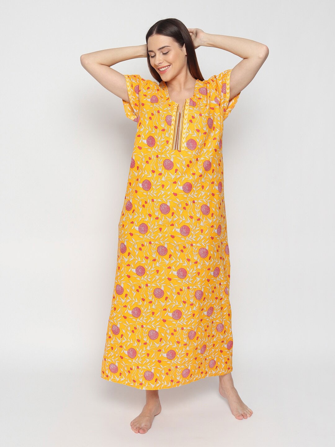 

Noty Floral Printed Pure Cotton Maxi Nightdress, Mustard