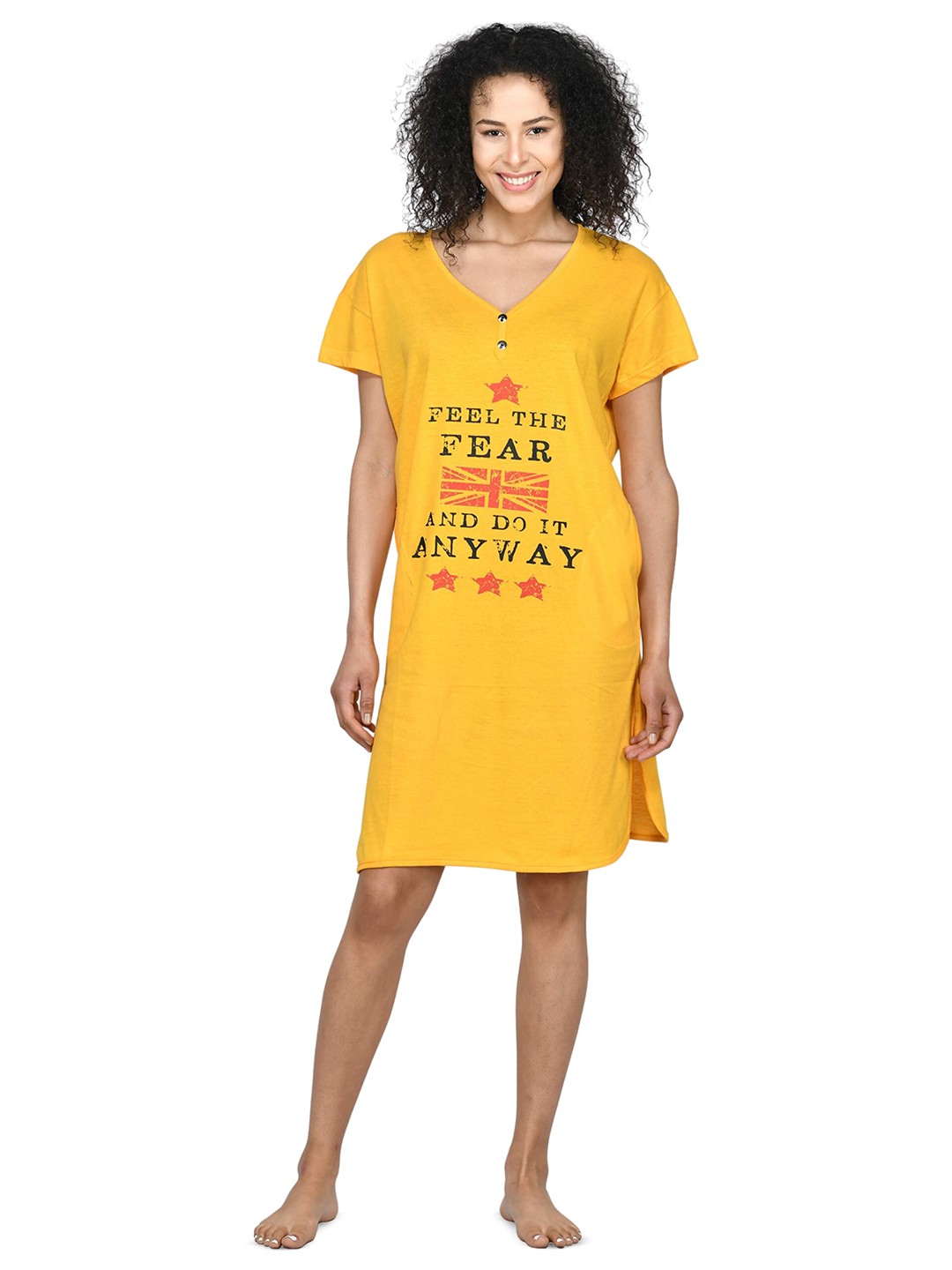 

Noty Typography Printed V-Neck Cotton T-Shirt Nightdress, Yellow