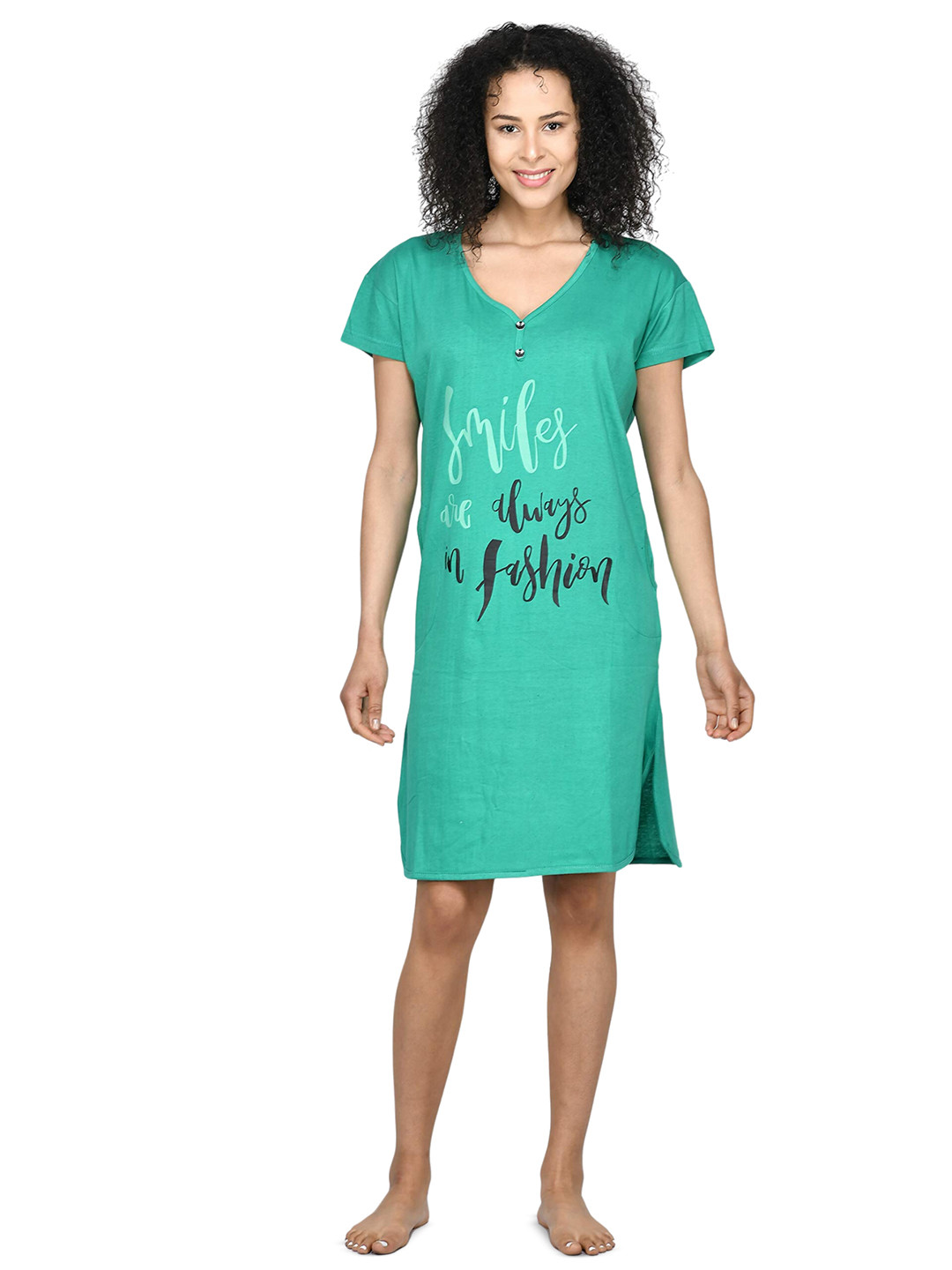 

Noty Typography Printed V-Neck Cotton T-Shirt Nightdress, Green