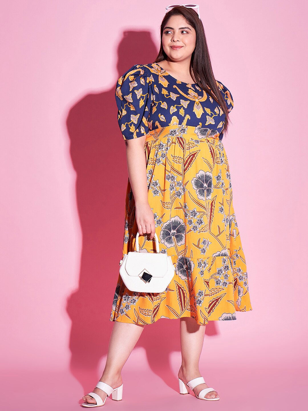 

Athena Ample Plus Size Floral Printed Fit & Flare Midi Dress, Yellow