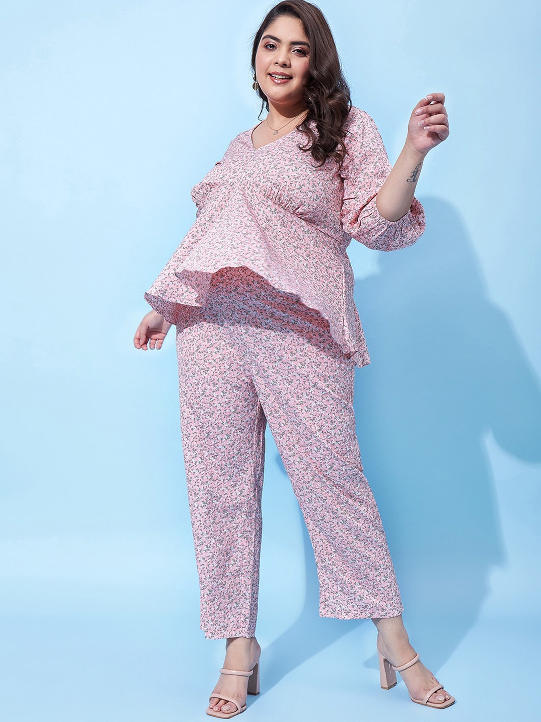 

Athena Ample Plus Size Printed Peplum Top With Trousers, Peach