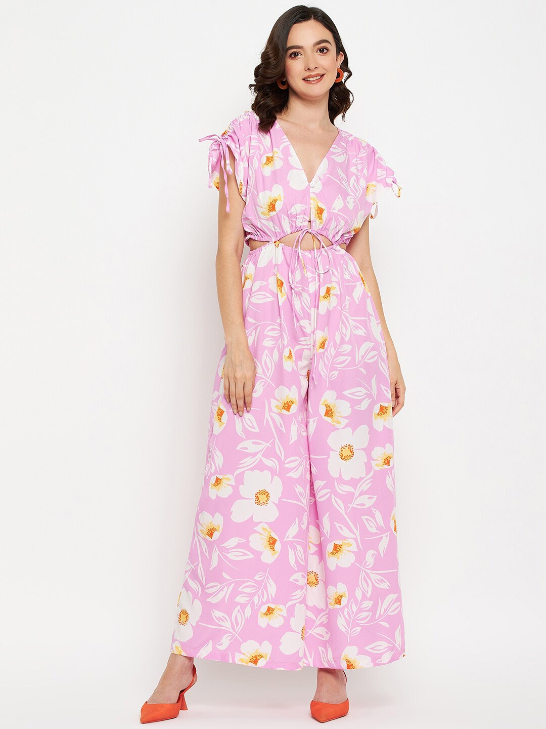 

Fashfun Floral Printed Basic Jumpsuit With Cut-Out, Pink