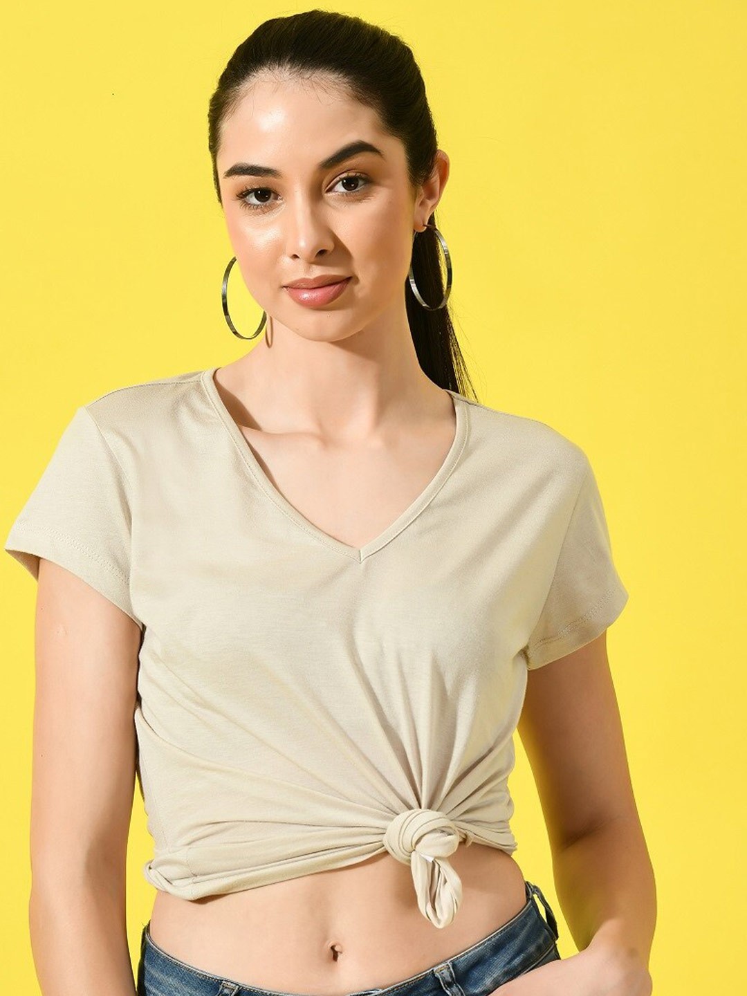 

CHARMGAL Solid V-Neck Raw Edge T-shirt, Cream