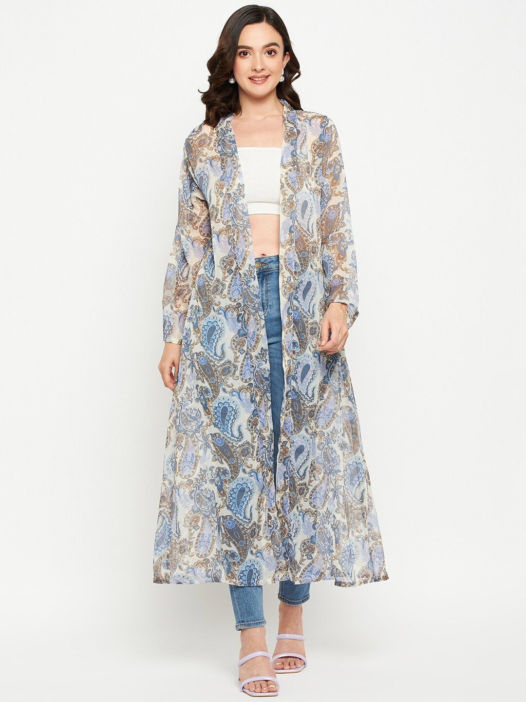 

Fashfun Ethnic Motifs Printed Longline Shrug, Blue