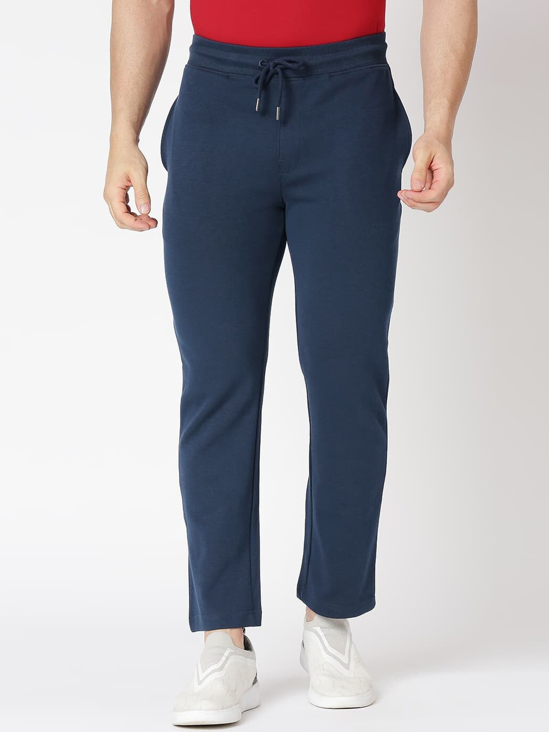 

Basics Men Mid-Rise Slim-Fit Cotton Track Pants, Navy blue