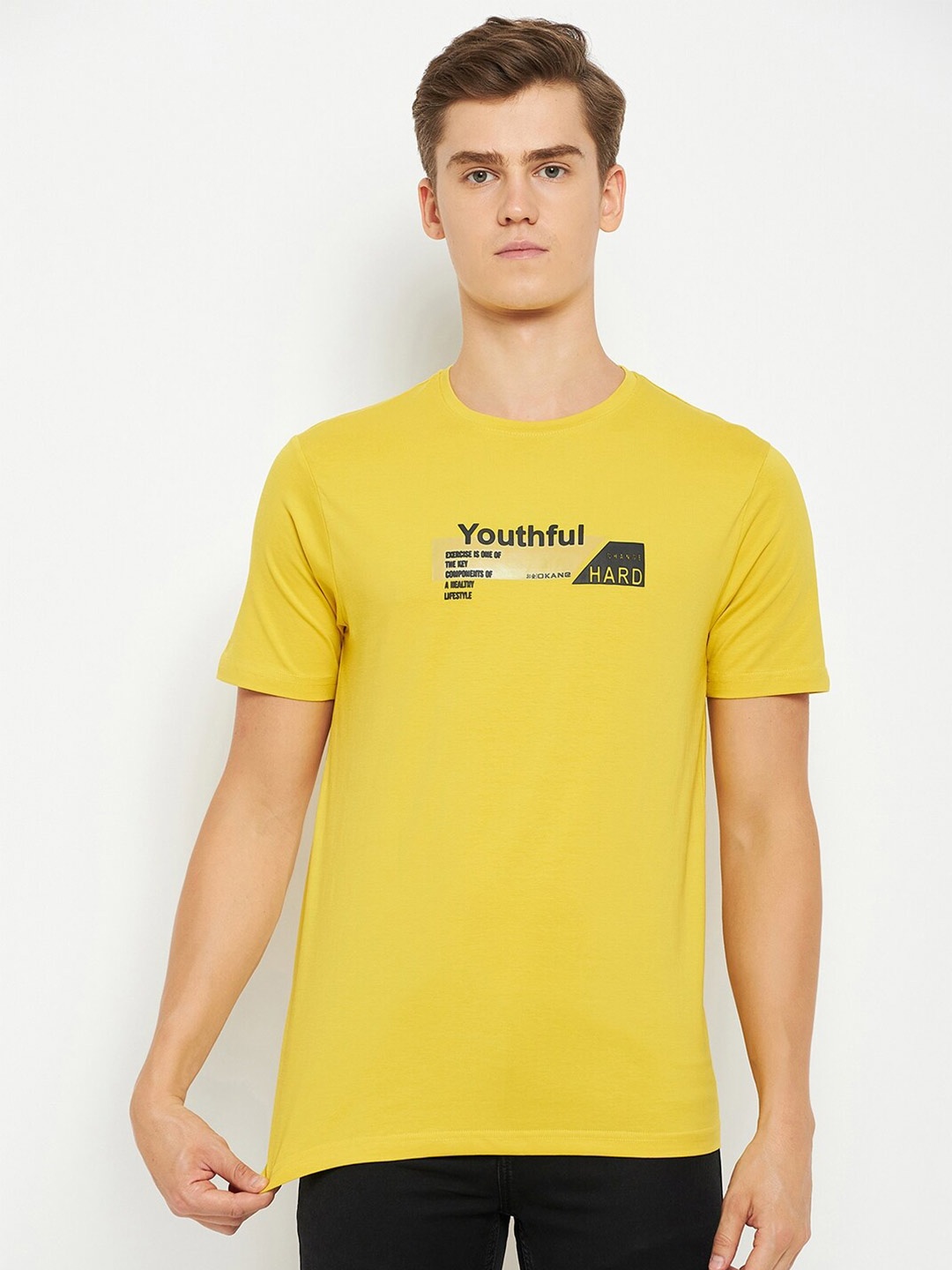 

Okane Typography Printed Cotton Regular T-shirt, Yellow
