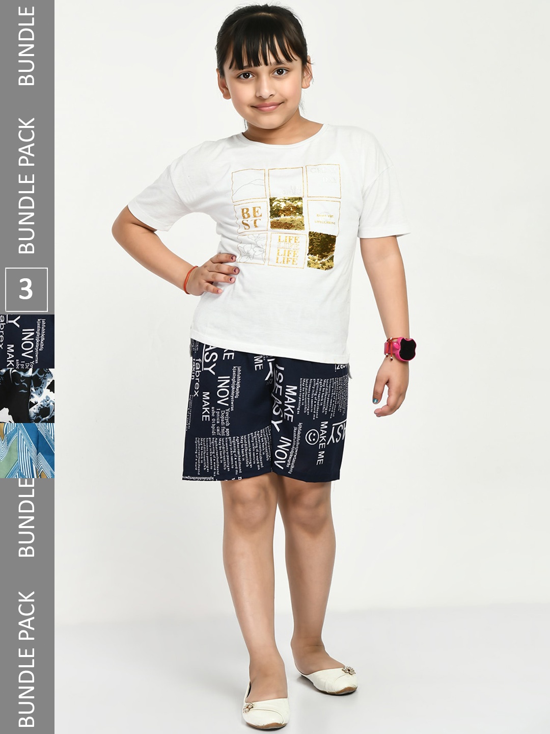 

IndiWeaves Girls Pack Of 3 Typography Printed High-Rise Shorts, Navy blue