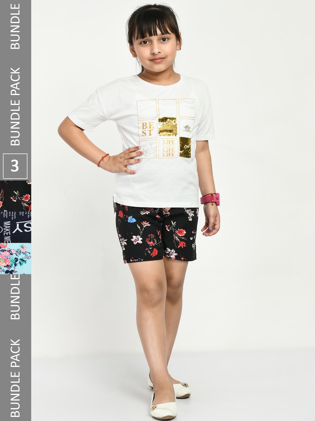 

IndiWeaves Girls Pack Of 3 Floral Printed High-Rise Shorts, Black