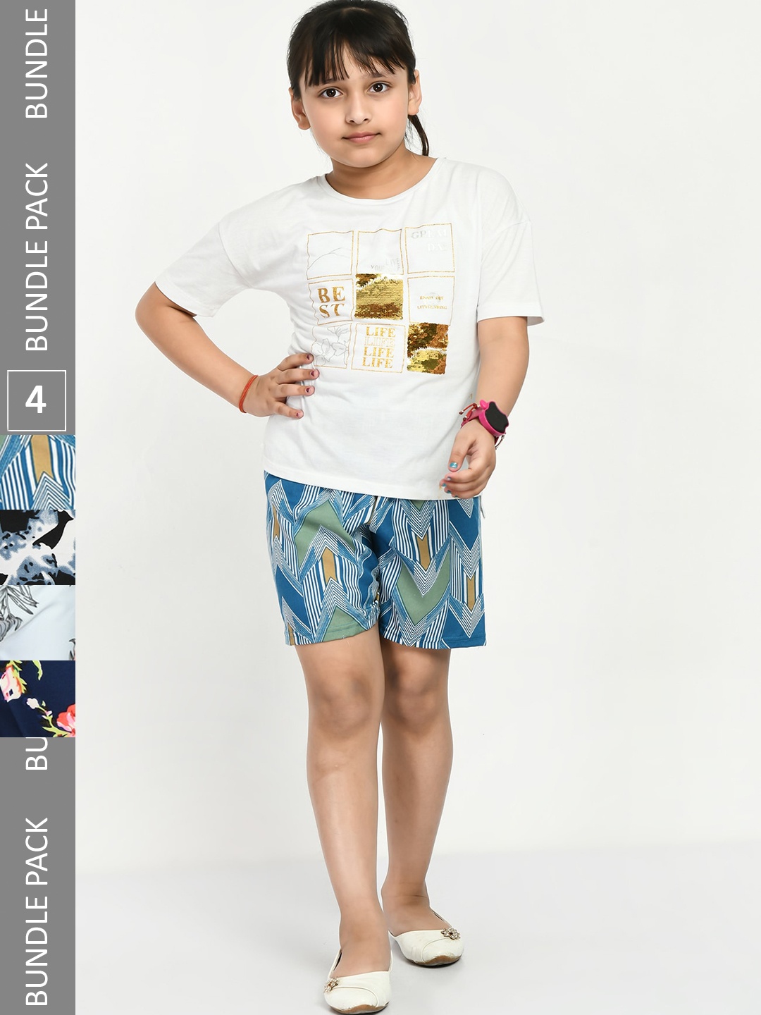 

IndiWeaves Girls Pack Of 4 Printed Shorts, Blue