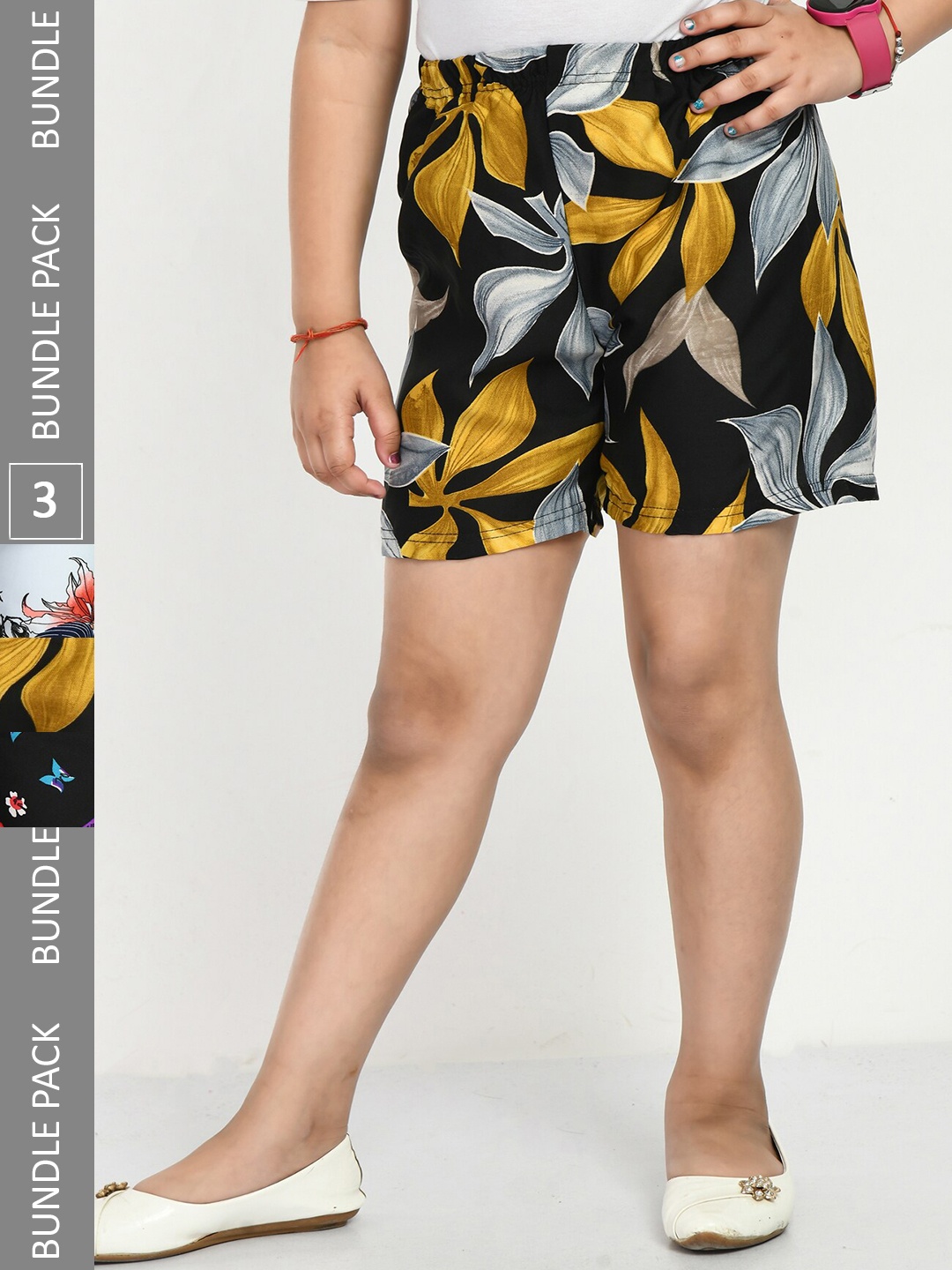 

IndiWeaves Girls Pack of 3 Floral Printed High-Rise Shorts, Black