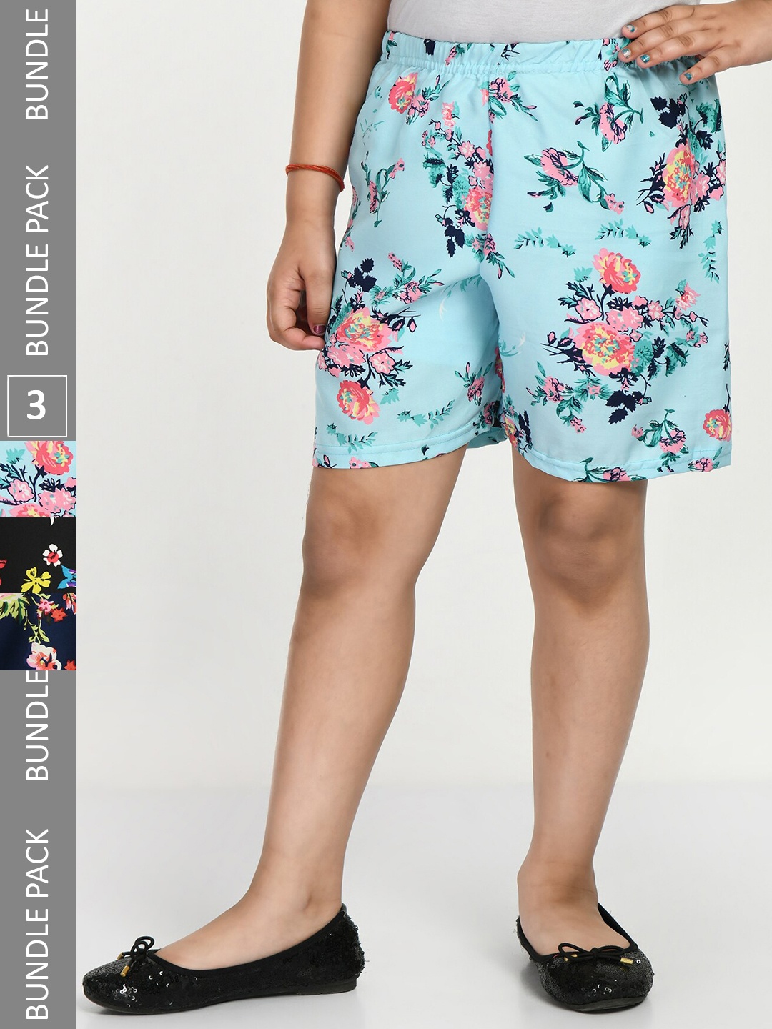 

IndiWeaves Girls Pack Of 3 Printed High-Rise Shorts, Navy blue