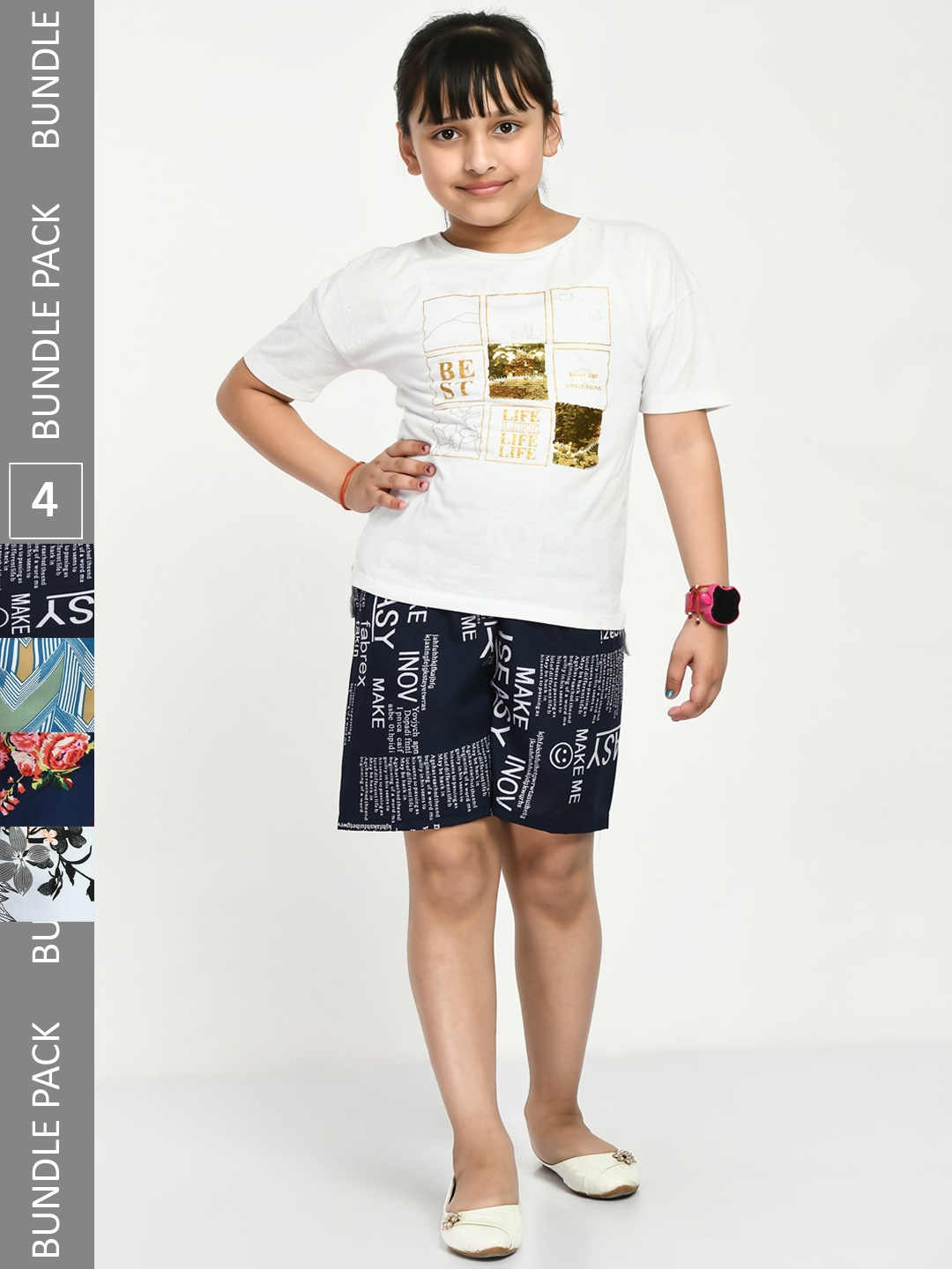 

IndiWeaves Girls Pack Of 4 Typography Printed High-Rise Shorts, Navy blue
