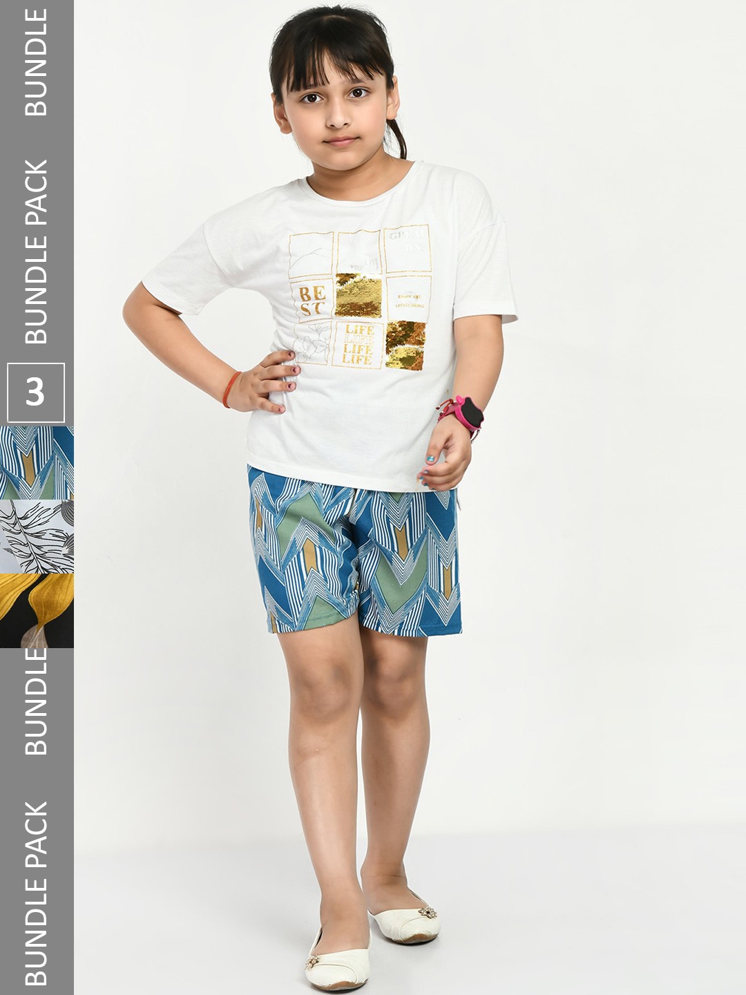 

IndiWeaves Girls Pack Of 3 Printed Mid-Rise Shorts, Blue
