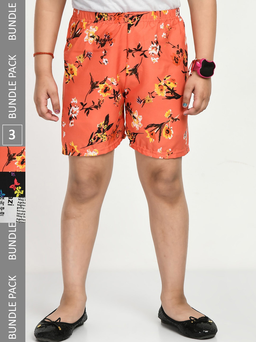 

IndiWeaves Girls Pack Of 3 Printed High-Rise Shorts, Orange