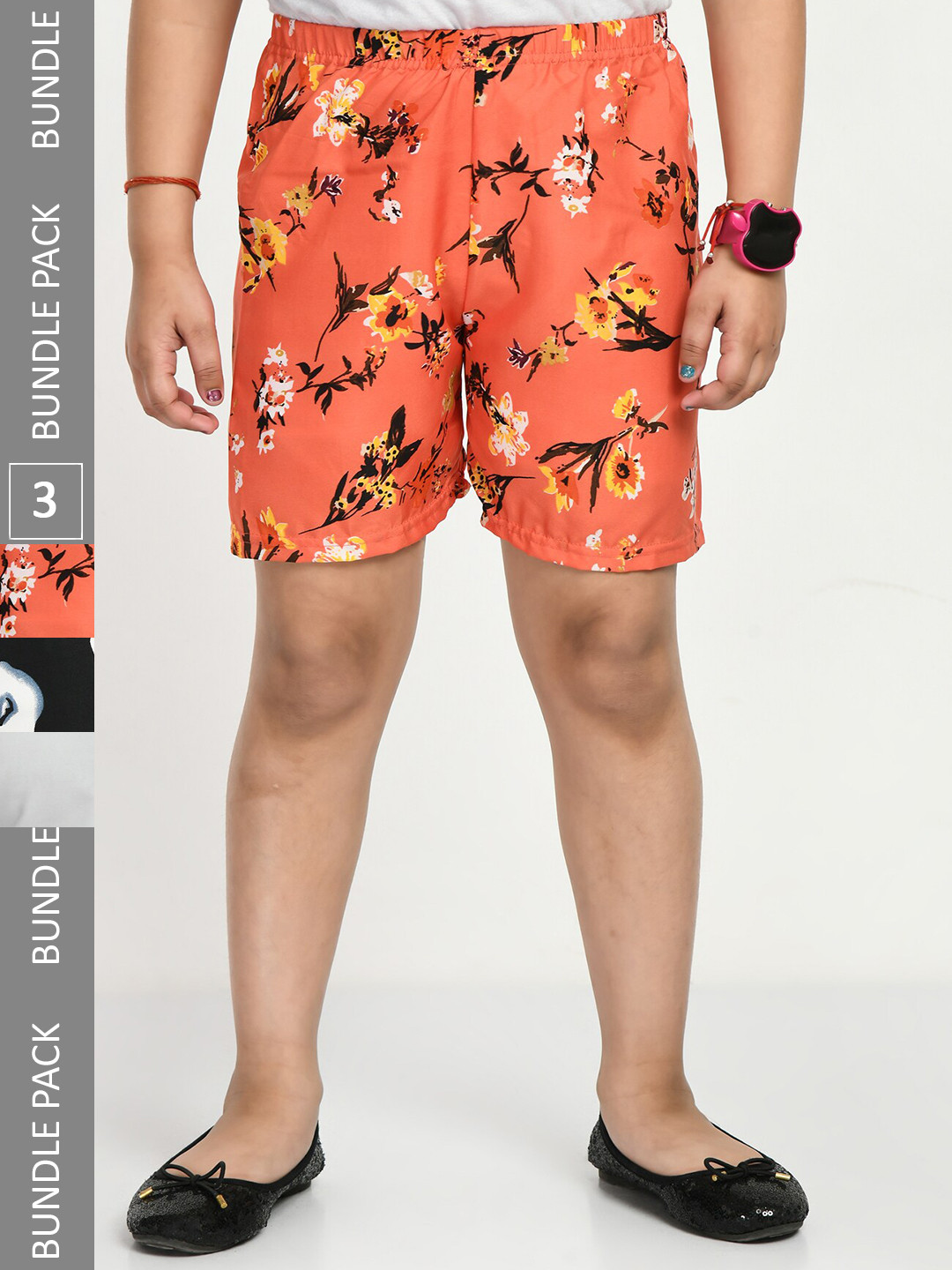 

IndiWeaves Girls Pack Of 3 Floral Printed High-Rise Shorts, Coral