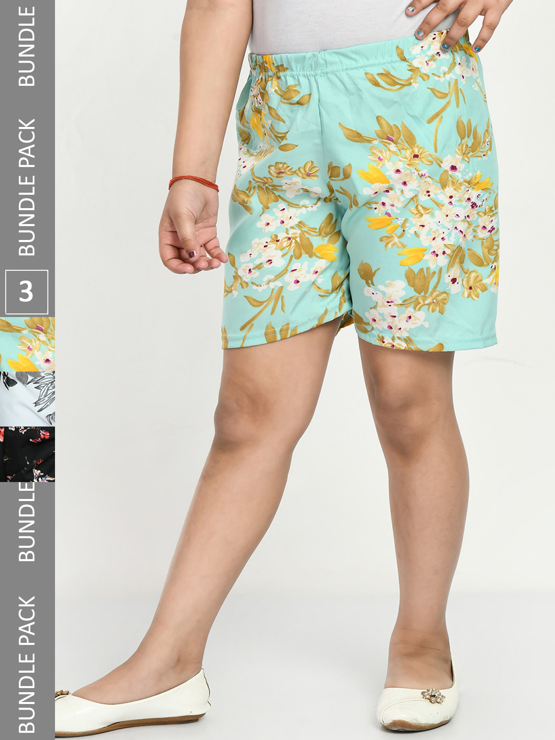 

IndiWeaves Girls Pack Of 3 Printed Mid-Rise Shorts, Blue