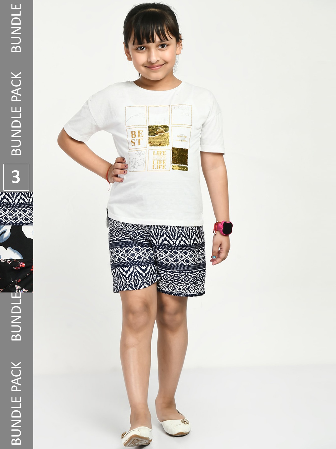 

IndiWeaves Girls Pack of 3 Printed High-Rise Shorts, Black