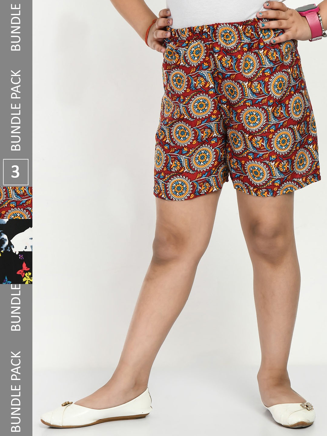 

IndiWeaves Girls Pack of 3 Floral Printed High-Rise Shorts, Maroon