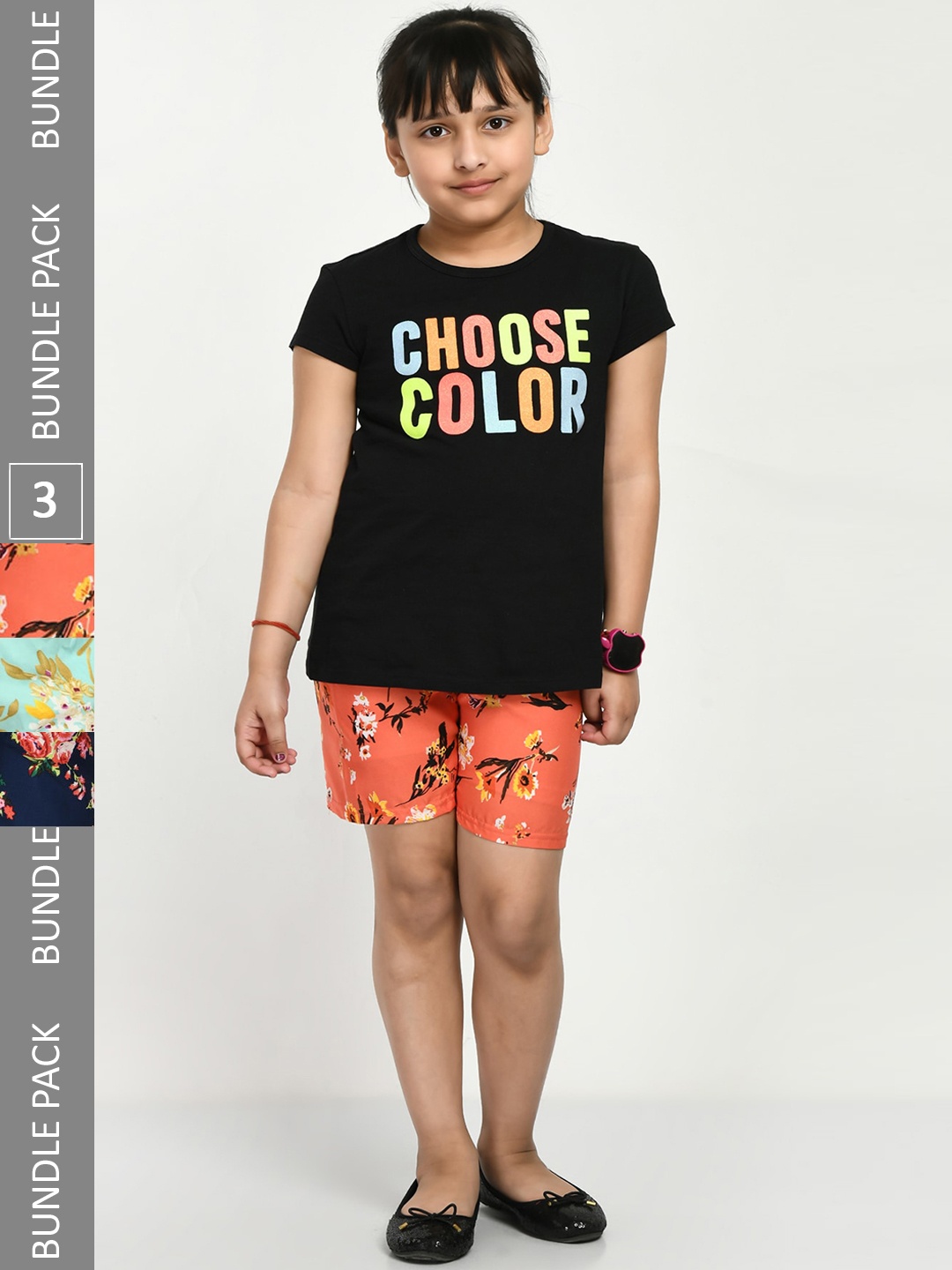 IndiWeaves Girls Pack Of 3 Floral Printed High-Rise Shorts, Coral