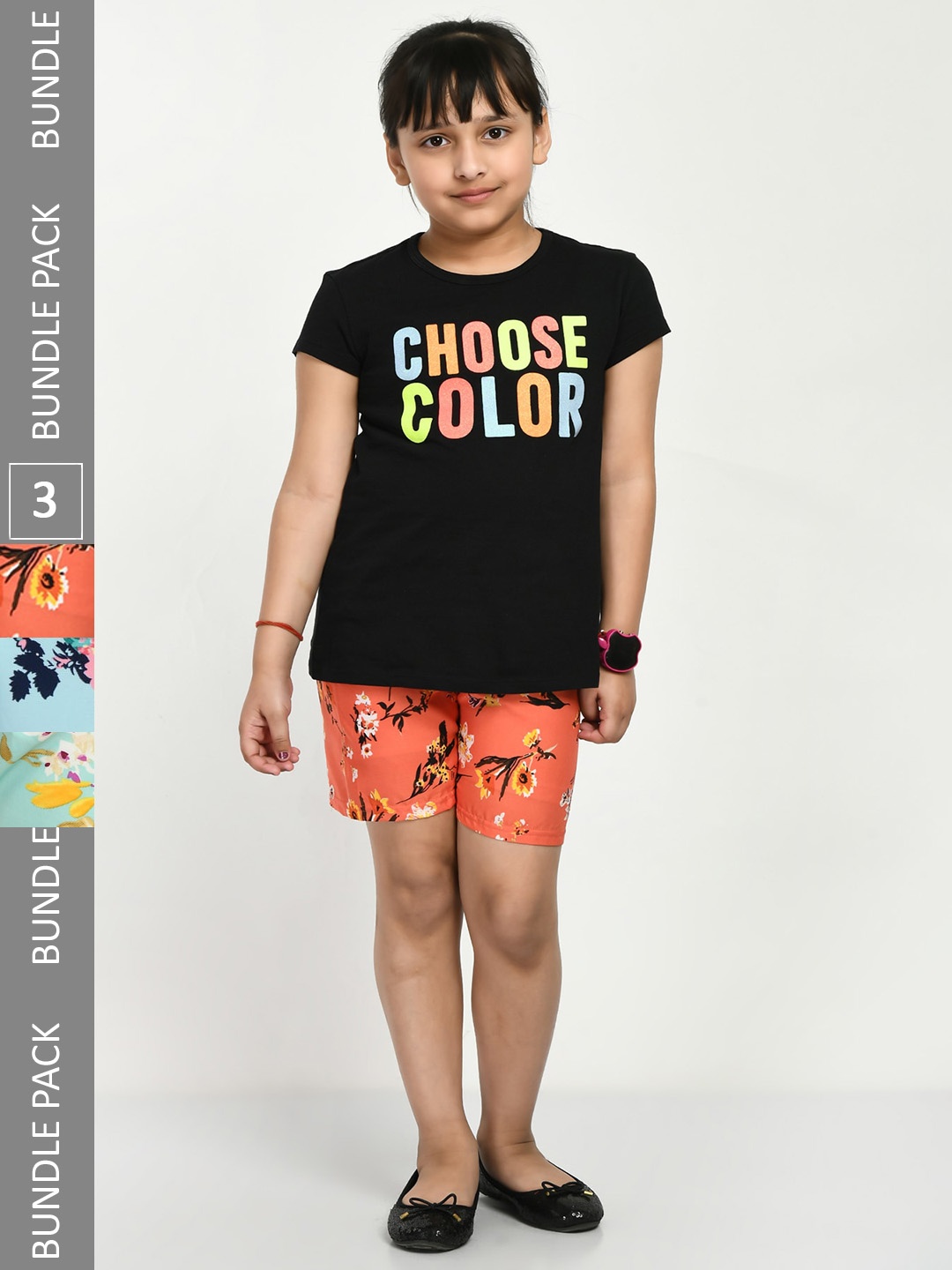 

IndiWeaves Girls Pack Of 3 Floral Printed High-Rise Shorts, Coral