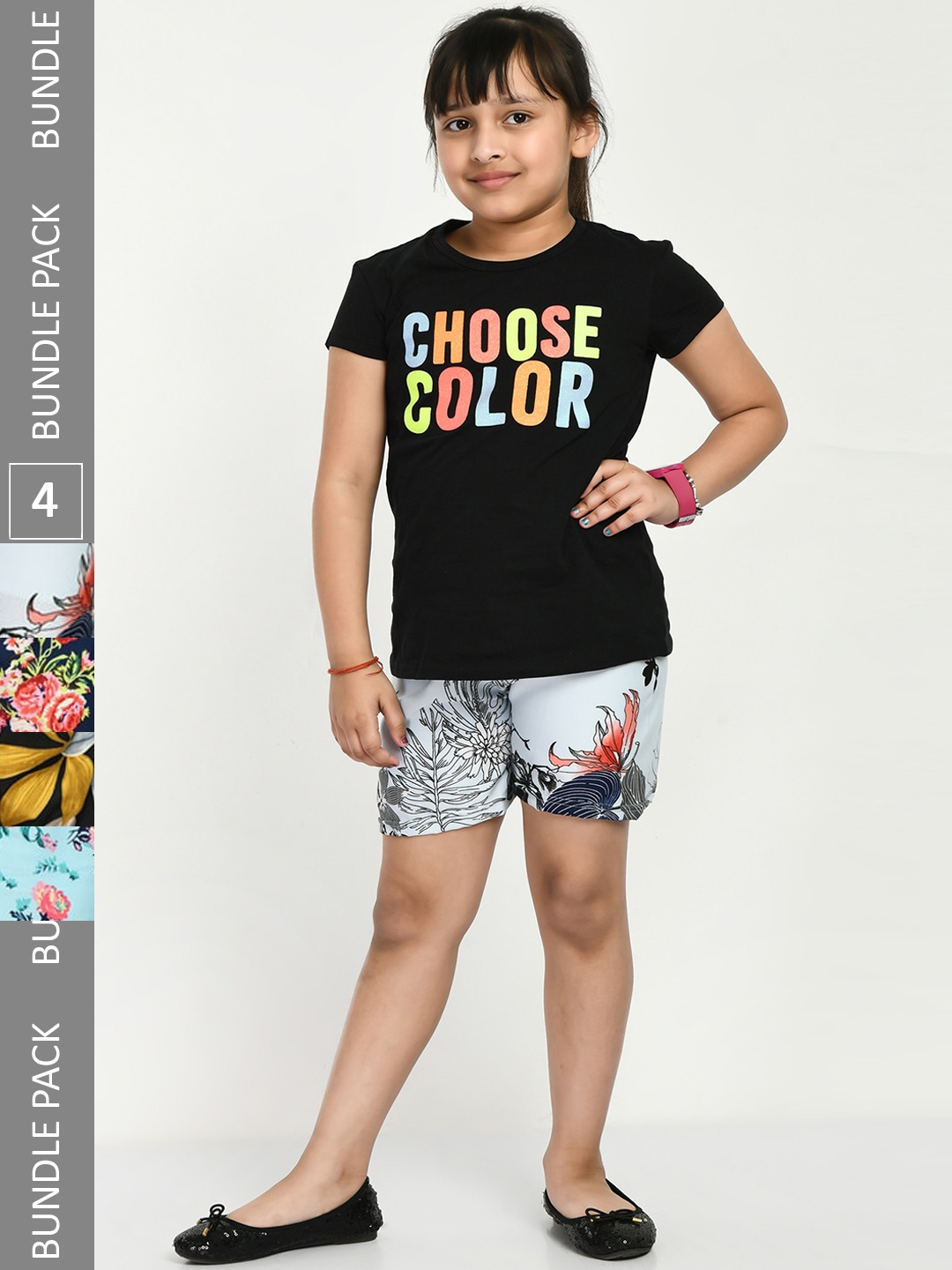 IndiWeaves Girls Pack Of 4 Floral Printed Shorts, White