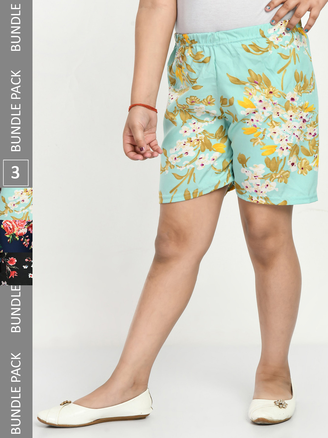 

IndiWeaves Girls Pack of 3 Floral Printed High-Rise Shorts, Green