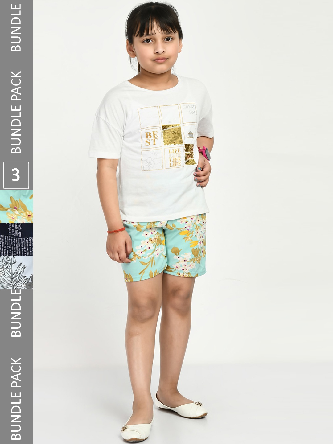 

IndiWeaves Girls Pack Of 3 Floral Printed High-Rise Shorts, Green