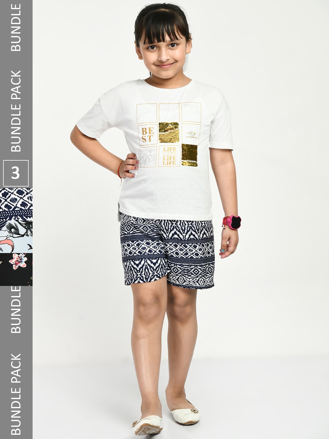 

IndiWeaves Girls Pack Of 3 Geometric Printed High-Rise Shorts, Navy blue