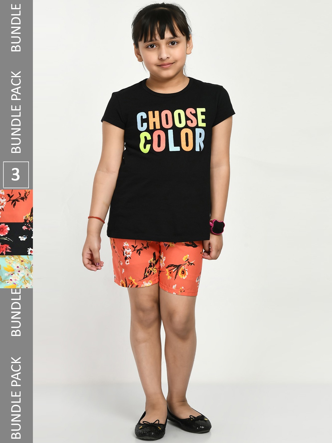 

IndiWeaves Girls Pack Of 3 Printed High-Rise Shorts, Orange