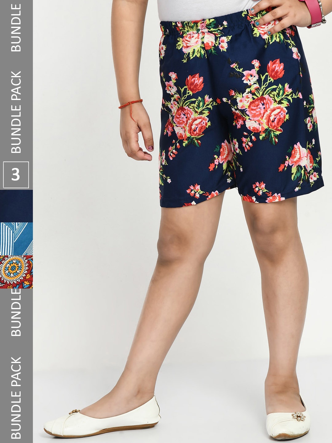 

IndiWeaves Girls Pack Of 3 Printed High-Rise Shorts, Navy blue