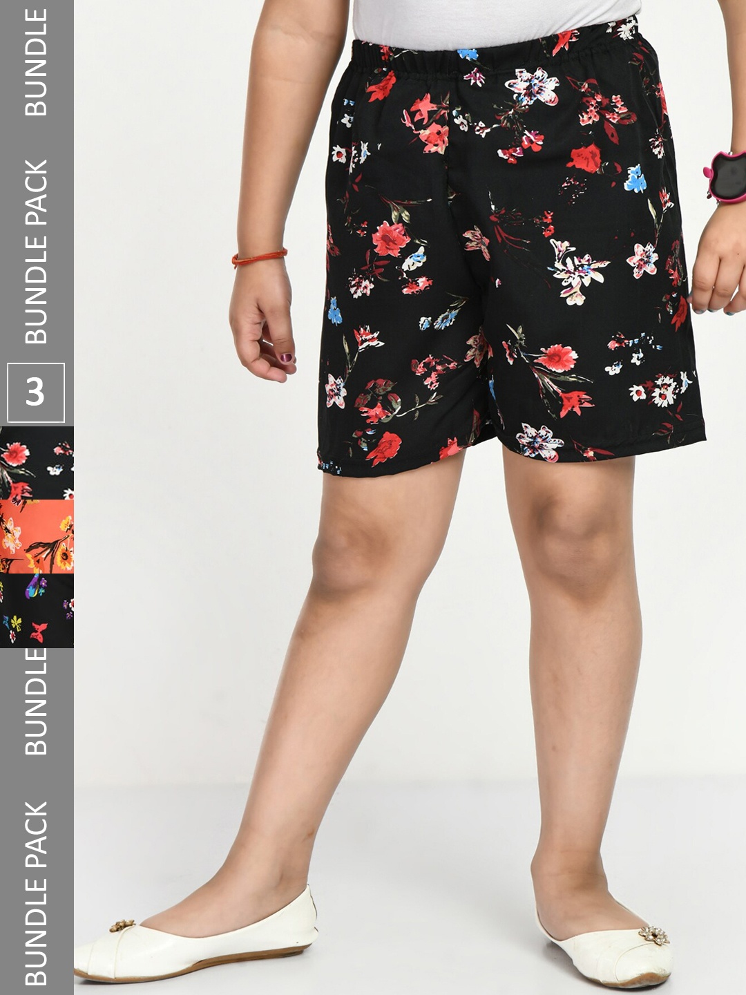 

IndiWeaves Girls Pack of 3 Printed High-Rise Shorts, Black