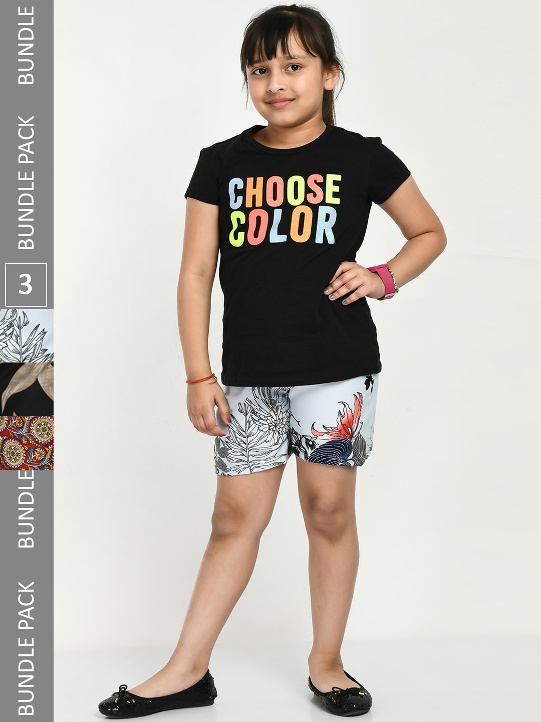 

IndiWeaves Girls Pack of 3 Floral Printed High-Rise Shorts, White