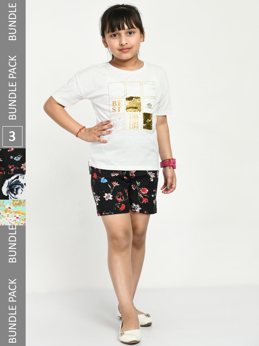 IndiWeaves Girls Pack Of 3 Printed Shorts, Black