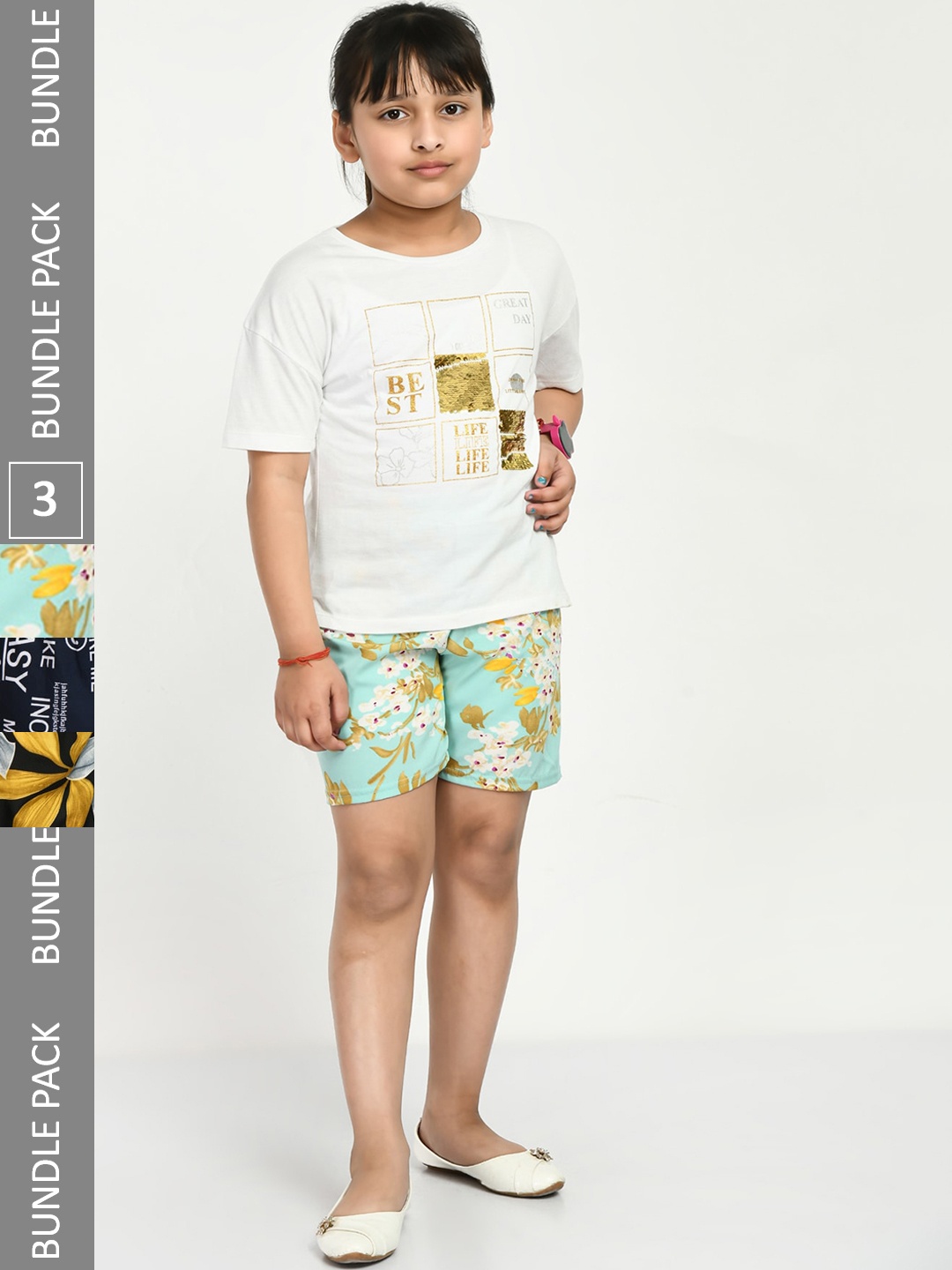 

IndiWeaves Girls Pack Of 3 Floral Printed High-Rise Shorts, Green