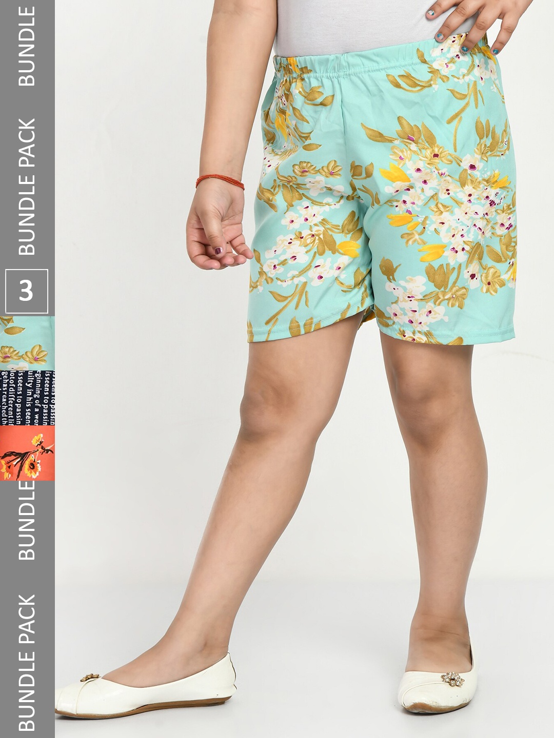 

IndiWeaves Girls Pack Of 3 Printed High-Rise Shorts, Green
