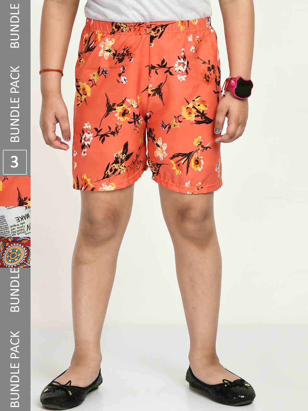 

IndiWeaves Girls Pack of 3 Printed High-Rise Shorts, Peach