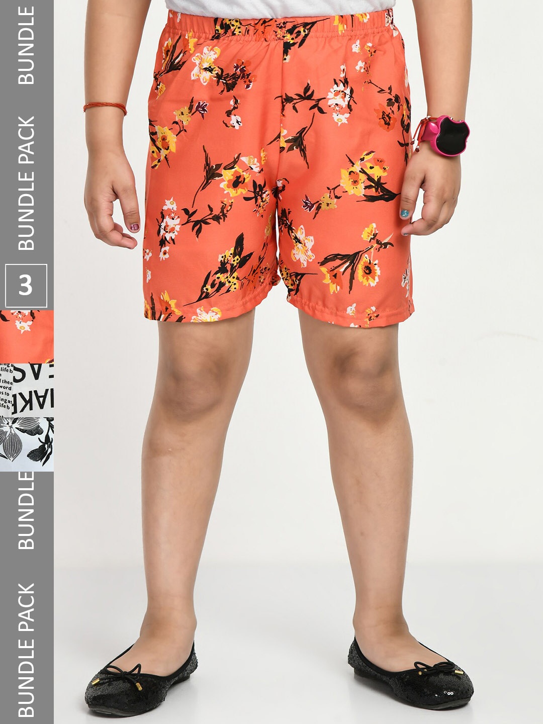 

IndiWeaves Girls Pack Of 3 Printed High-Rise Shorts, Orange