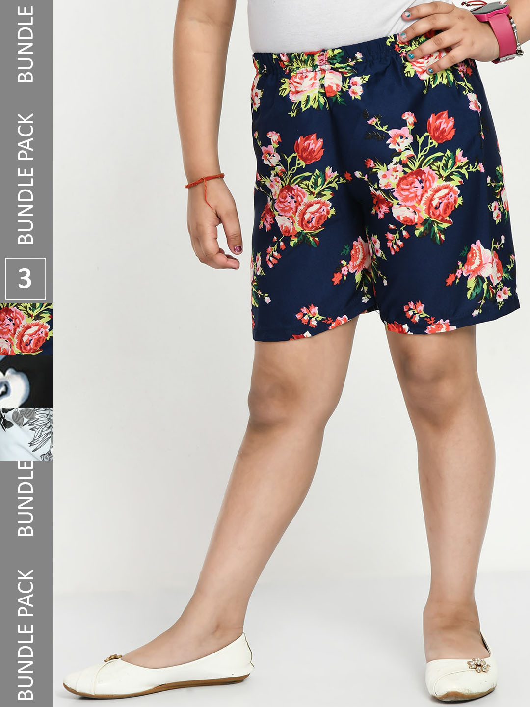 

IndiWeaves Girls Pack of 3 Floral Printed High-Rise Shorts, Navy blue