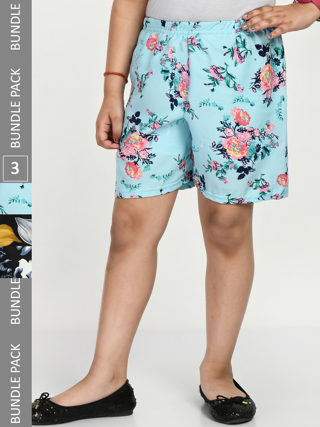 

IndiWeaves Girls Pack Of 3 Printed High-Rise Shorts, Blue