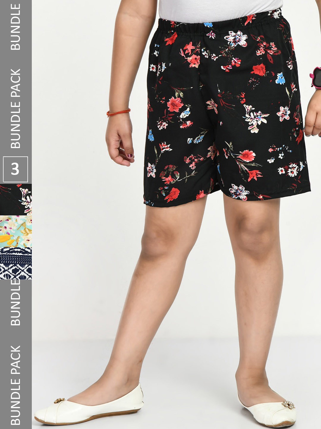 

IndiWeaves Girls Pack Of 3 Printed Mid-Rise Shorts, Black