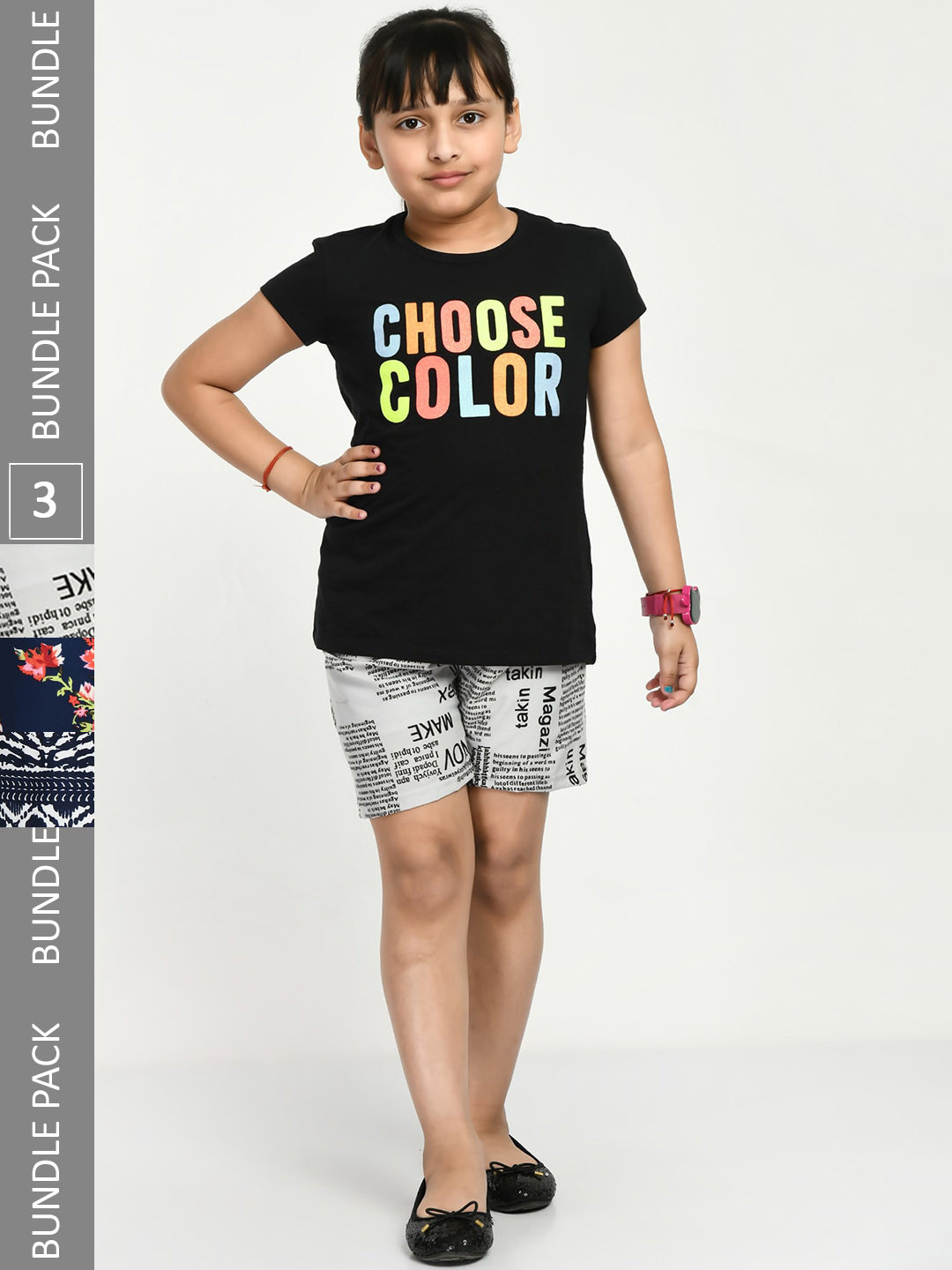 

IndiWeaves Girls Pack Of 3 Printed High-Rise Shorts, Grey