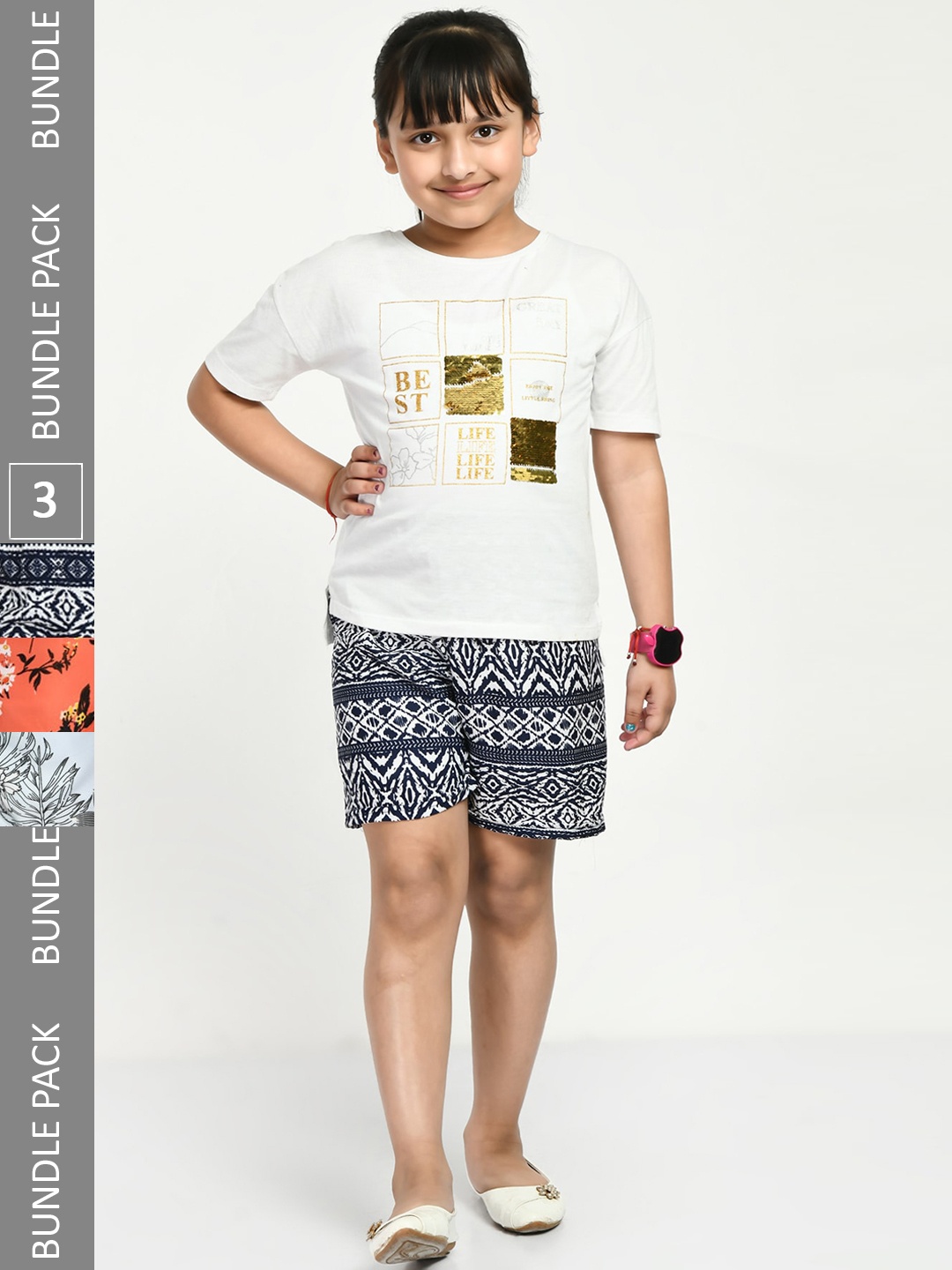 

IndiWeaves Girls Pack Of 3 Floral Printed High-Rise Shorts, Navy blue