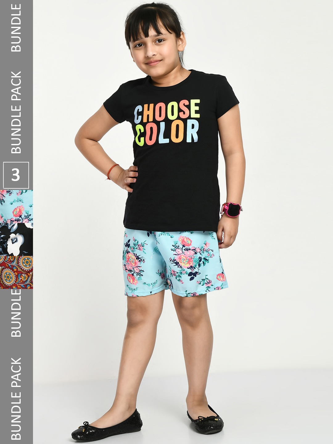 

IndiWeaves Girls Pack Of 3 Floral Printed High-Rise Shorts, Blue